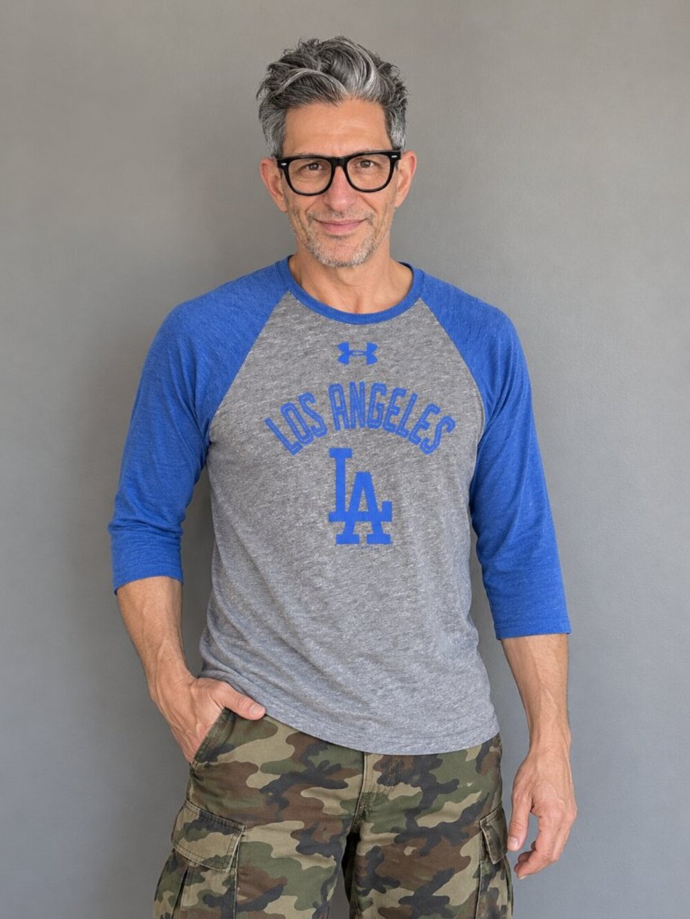 Under Armour Men's LA Dodgers Raglan 3/4 Sleeve Baseball Shirt Gray Blue Smal